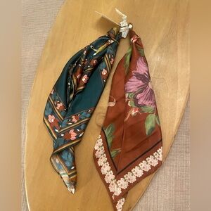 Anthropology Satin Floral Scarf Duo - Teal & Rust